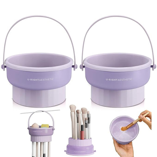 2 Pack Makeup Brush Cleaner Mat 3 in 1 Silicone Makeup Brush Cleaner Makeup Brush Cleaning Bowl Makeup Brush Sponge Scrubber Tool for Cleaning, Storage And Upside Down Drying(Two Purple)