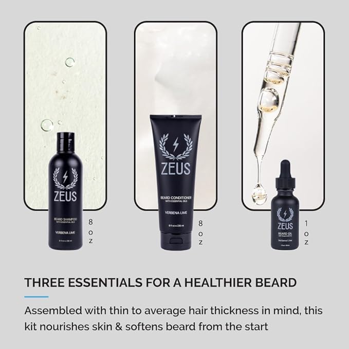 ZEUS Starter Beard Wash & Beard Oil Kit for Men, Softens, Hydrates & Moisturizes Facial Hair, Promotes Healthy Growth & Shine (Made In USA) Sandalwood