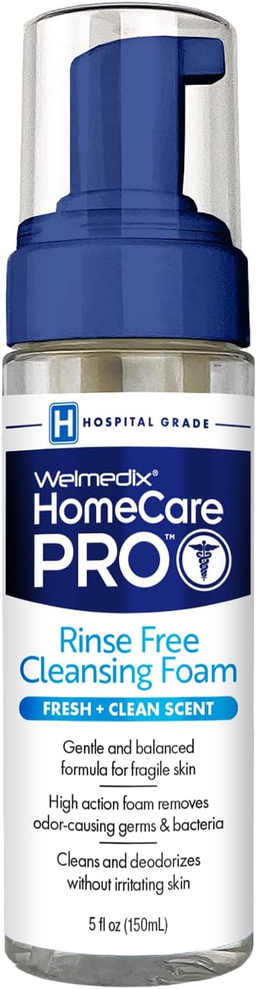 Welmedix HomeCare PRO No Rinse Body Wash Cleansing Foam, easier cleansing for caregivers managing incontinence, pressure ulcers, bedsores + use with adult wipes, disposable washcloth (5oz)