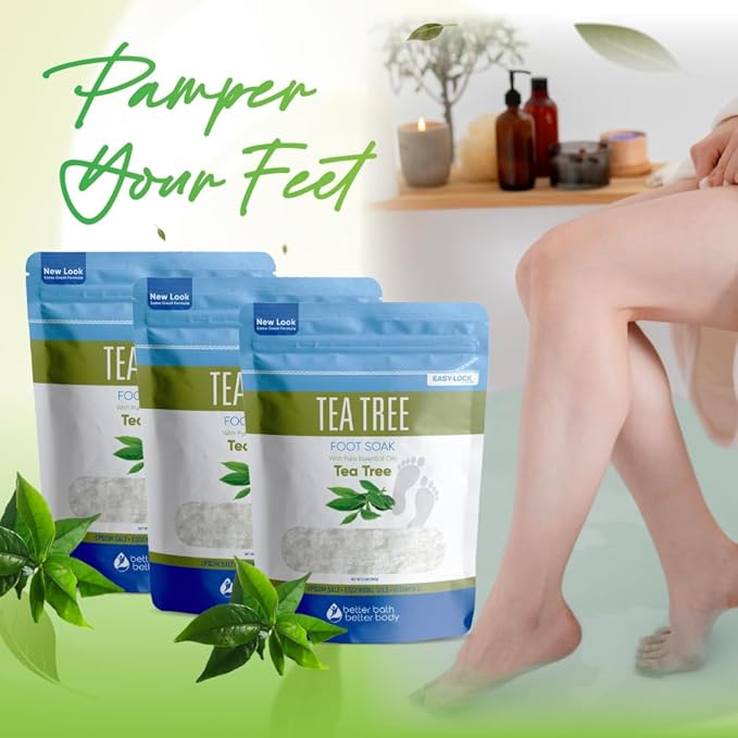 Tea Tree Foot Soak (3-Pack) Epsom Salt with Natural Tea Tree, Lavender and Eucalyptus Essential Oils Plus Vitamin C in BPA Free Pouch 6-Lbs Total