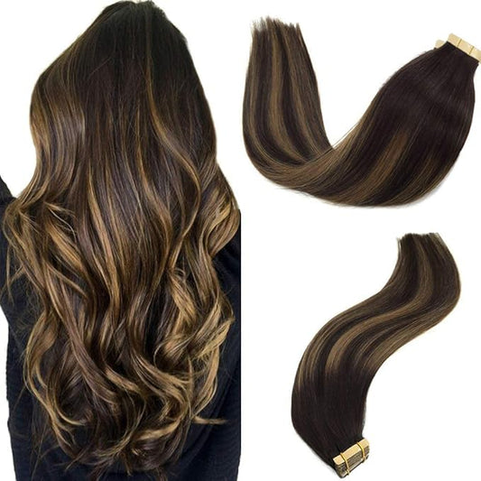 GOO GOO Tape in Hair Extensions Human Hair, 2/6/2 Balayage Dark Brown to Chestnut Brown, 12inch 40g 20pcs, Skin Weft Seamless Invisible, Silky Straight with Thick Ends, Remy Human Hair