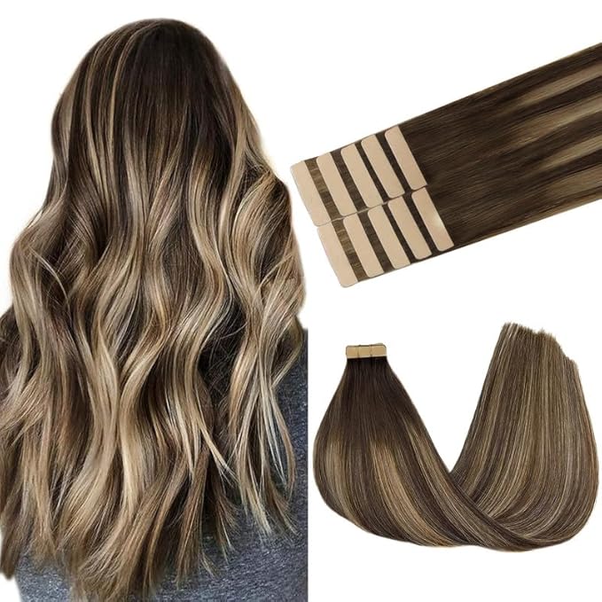 GOO GOO Tape in Hair Extensions Human Hair, 4/26/4 Balayage Chocolate Brown to Honey Blonde, 24inch 30g 10pcs, Skin Weft Seamless Invisible, Silky Straight with Thick Ends, Remy Human Hair