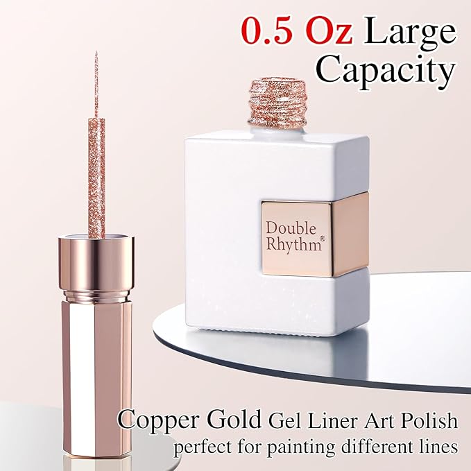 Double Rhythm 15 Ml Metallic Gel Liner Nail Art Gel Bronze Mirror Chrome Painted Drawing Stripper 3D Effect Gel Polish (Glitter Copper Gold-L1007)