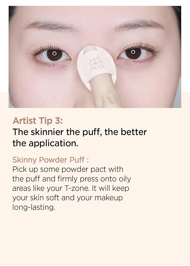 JUNG SAEM MOOL Skinny Tap Puff 3pcs, Mini Precision Puff for Concealer and Touch-Up, Ultra-Slim Fitting Makeup Sponge for Seamless Coverage Around Nose Eyes Lips, Travel-Friendly Korean Beauty Tool