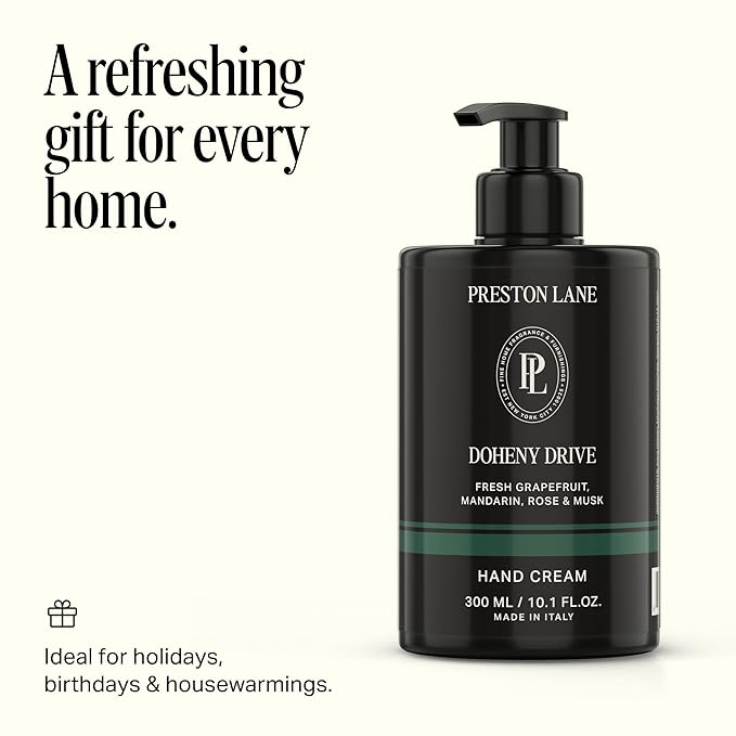 Preston Lane Luxury Hand Cream, Doheny Drive Scent, Made in Italy | Hydrating Formula with Tea Tree, Lavender & Lemon Essential Oils, Hyaluronic Acid, Vitamins C & E, and Kiwi & Apple Water