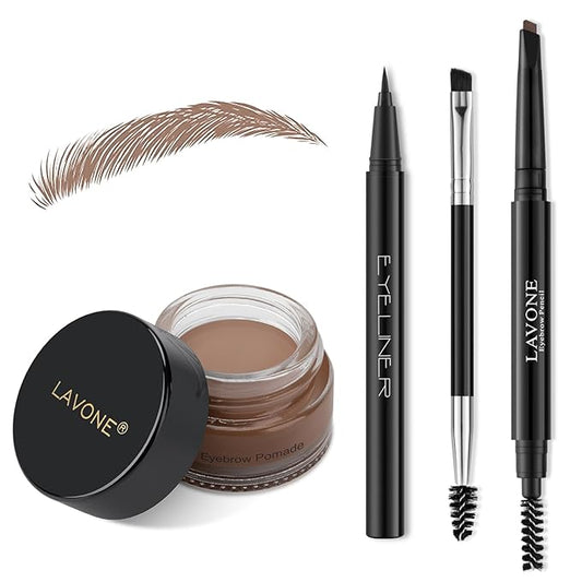 LAVONE Eyebrow Stamp Pencil Kit - Trio Makeup Brow Stamp Kit with Waterproof Eyebrow Pencil, Eyeliner, Pomade, Dual-ended Brush - Ash Brown
