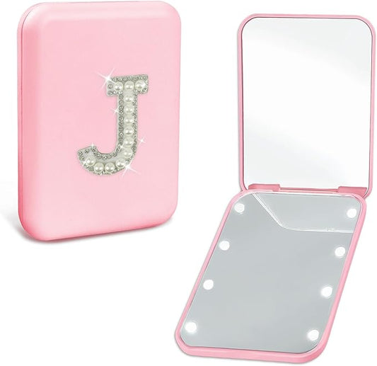 Preppy Birthday Gifts for 12 13 14 15 16 Year Old Girls, Cute Pearl Initial Compact Mirror with Lights Pink Small LED Pocket Makeup Mirror Teen Girls Trendy Stuff Travel Essentials (J)