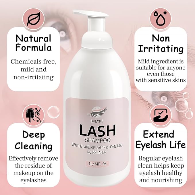 Lash Shampoo 34fl.oz/1L, Eyelash Shampoo for Lash Extension, Eyelash Extension Cleanser, Lash Eyelid Foam Cleaning Kit for Salon Use and Home Use