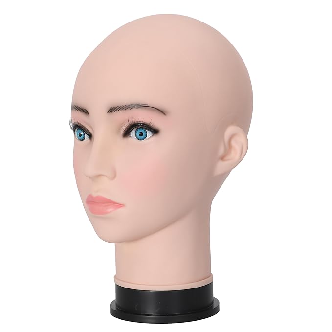 Bald Female Mannequin Head 21.6 Inches Big Head Circumference Makeup Training Head Wig Head Professional Cosmetology for Wig Making Hat Helmet Glasses Display Head Model with Clamp Stand