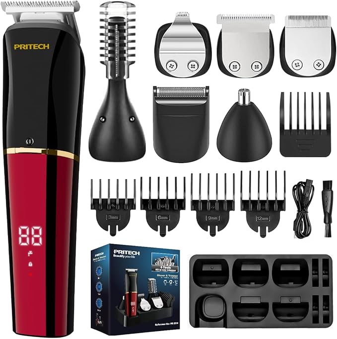 PRITECH Beard Trimmer for Men,6 in 1 Hair Clippers Kit, Precision Cordless Grooming Kit Waterproof IPX6 for Beard, Hair, Body, Nose, Ear, with Foil Razor (Red)