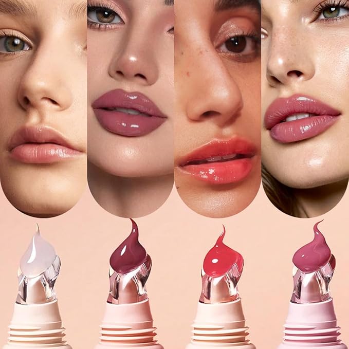 4Pcs Tinted Lip Serum Melting Lip Balm, Hydrating Tinted Lip Balm For A Glossy Finish & Soft, Nourished Lips with Plumping Polypeptides, Supple Lips, Vegan & Cruelty-Free (A05#01+02+03+04)