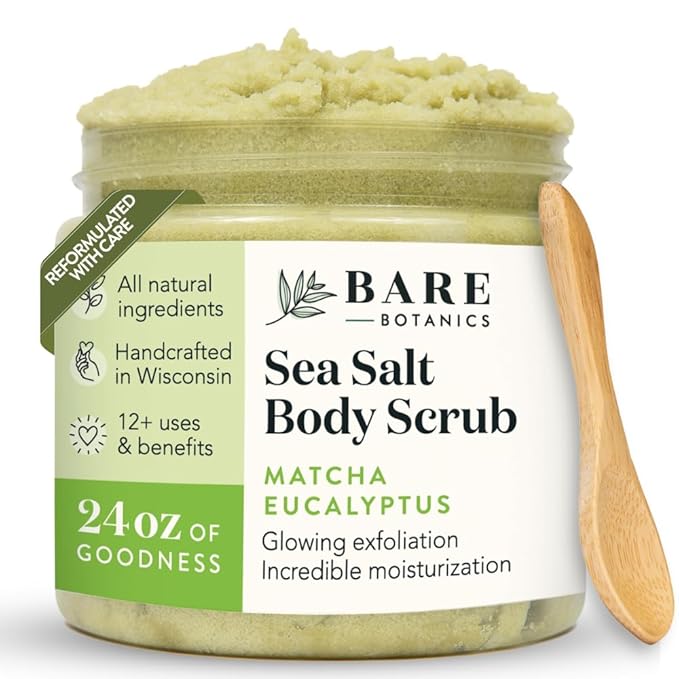 Bare Botanics Matcha Eucalyptus Body Scrub 24 oz - Naturally Scented Sea Salt Scrub Made in Madison, WI - Formulated w/Skin Loving Moisturizers - Vegan, Cruelty Free Exfoliator w/a Cute Wooden Spoon