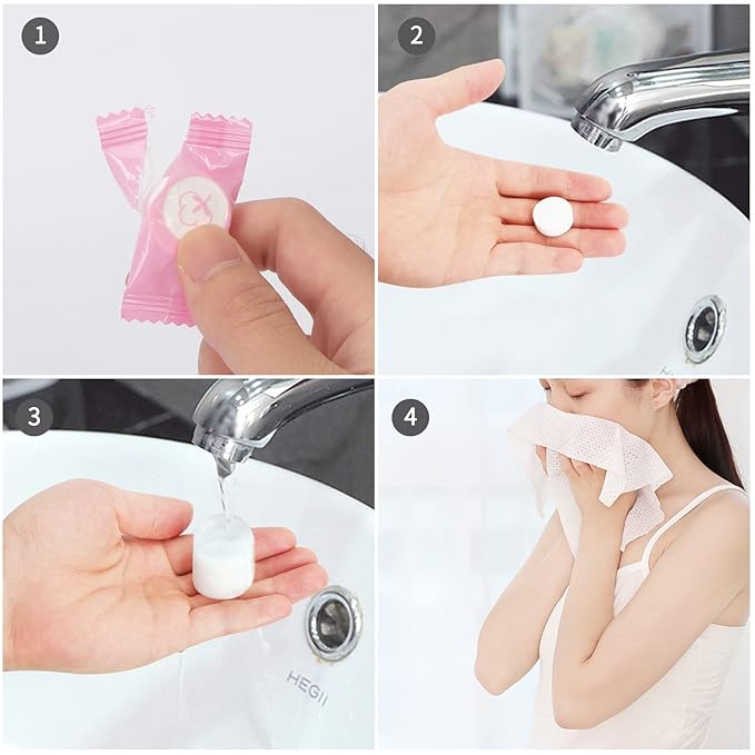 Classycoo Compressed Towel 100 PCS Mini Tablets Disposable Portable Face Towel Cotton Coin Tissue Eco-Friendly for Travel, Camping, Hiking, Sport, Beauty, Home Hand Wipes, Outdoor Activities Pink