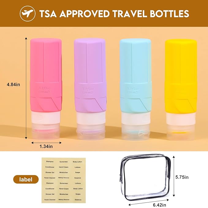 FADVAN Travel Bottles for Toiletries, 3.3oz Tsa Approved Travel Size Containers, BPA Free Leak Proof Toiletry Bottles, Refillable Easy to Squeeze and Clean (Macaron)