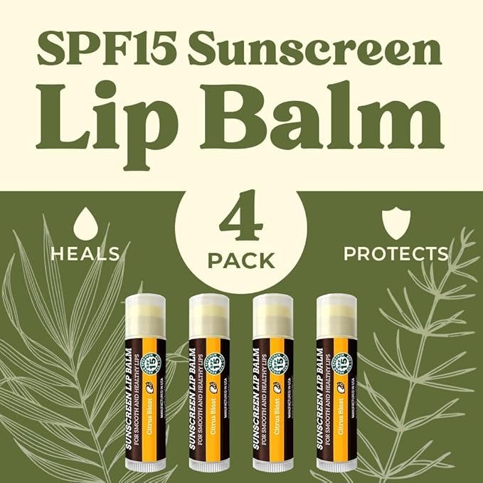 Earth's Daughter SPF Lip Balm 4-Pack Citrus Flavor - Lip Sunscreen, SPF 15, Organic Ingredients, Beeswax, Coconut Oil, Vitamin E - Hypoallergenic, Paraben Free, Gluten Free