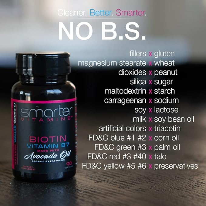 Smarter Biotin 5000mcg in Avocado Oil, Vitamin B7, Hair, Skin & Nail Support, Non-GMO, 90 Mini Liquid Softgels, No Soy