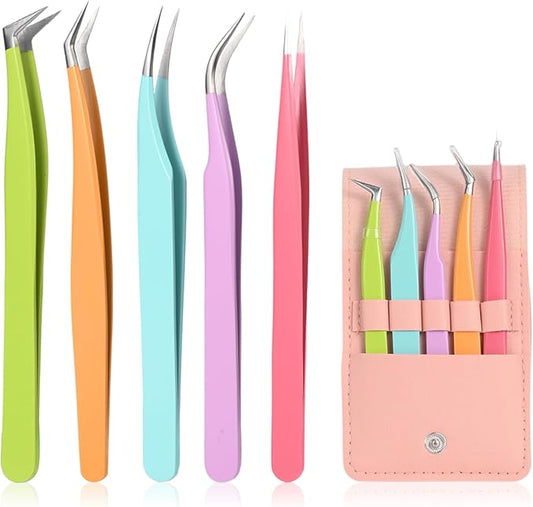 5pcs Eyelash Extension Tweezers High Precision，Straight and Curved Volume Lash Tweezers for Extensions，lash tweezers for eyelash extensions， Crafting， Girls Women Beginners