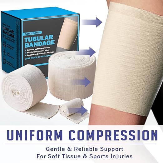 EVERLIT Elasticated Tubular Support Bandage | Stockinette Tubing for Large Arm, Knees, Legs | Light to Moderate Compression Bandage Roll For Tissue Support (Size J | 6.9" x 11 yd)