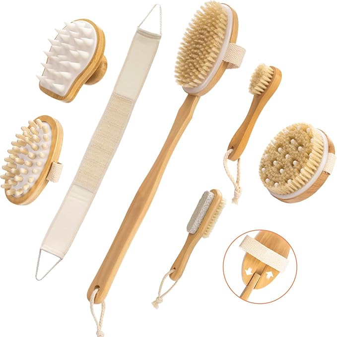 9 Packs Dry Brushing Body Brush Set for Lymphatic Drainage, Cellulite Massager and Scalp Care, Long Handle Dry Brush for Body, Natural Boar Bristle Body Brush Exfoliator