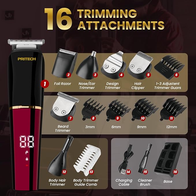 PRITECH Beard Trimmer for Men,6 in 1 Hair Clippers Kit, Precision Cordless Grooming Kit Waterproof IPX6 for Beard, Hair, Body, Nose, Ear, with Foil Razor (Red)