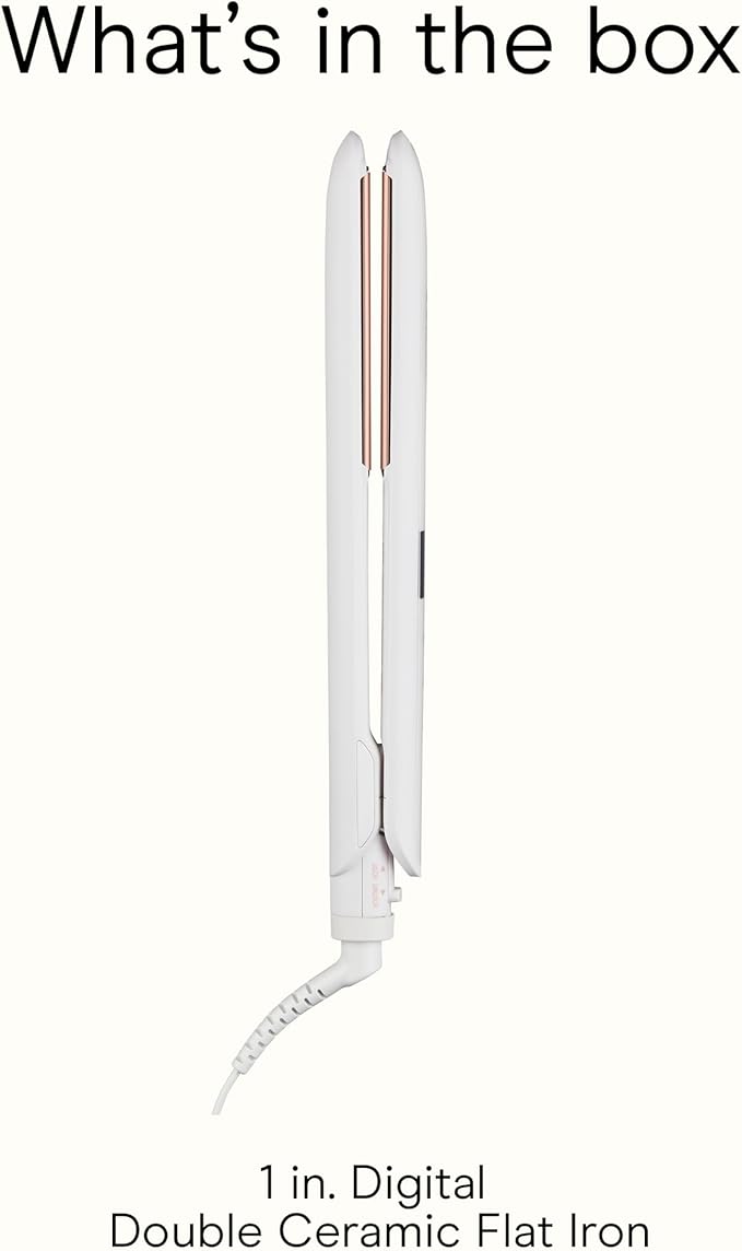 Conair Double Ceramic Flat Iron, 1-Inch Flat Iron, 5 Digital Temp Settings Up to 410°F, Extra-Long Plates, For All Hair Types and Textures, White