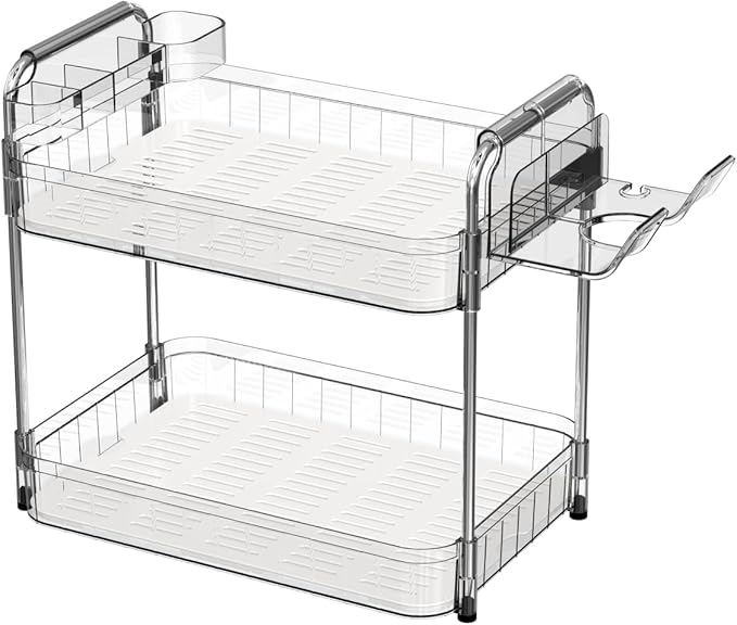 Bathroom Counter Organizer, 2 Tier Makeup Skincare Storage Tray with Hair Dryer Holder and Toothbrush Rack, Perfume Organizer Vanity Shelf for Countertop, Dresser (Transparency)