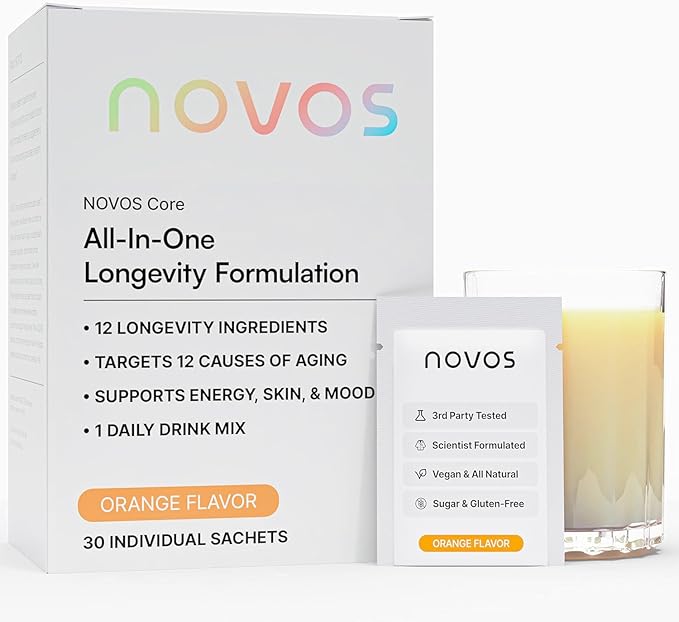 NOVOS Core Longevity Mix, Anti-Aging Supplement, Drink Powder Packet Orange Flavor - Skin Support, Energy, Mood, Sleep and Cognition Support - 30 Servings