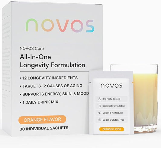 NOVOS Core Longevity Mix, Anti-Aging Supplement, Drink Powder Packet Orange Flavor - Skin Support, Energy, Mood, Sleep and Cognition Support - 30 Servings