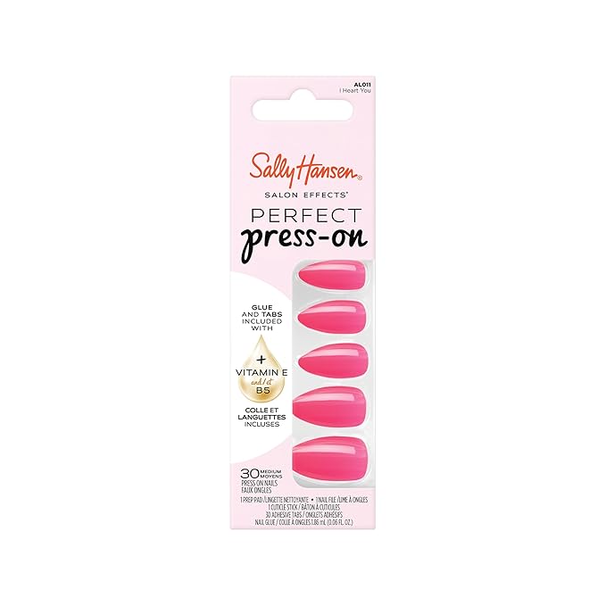Sally Hansen Salon Effects Perfect Press-On Nails | Almond Shape | Easy to Apply, Non-Damaging | 30 Nails, Nail Glue, Adhesive Tabs, File| I Heart You