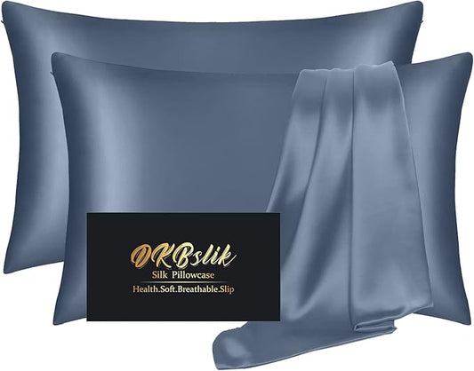 Silk Pillowcase 2 Pack, Natural Mulberry Silk Pillow Case, Anti Acne Silk Pillowcase for Hair and Skin, King Size Silk Satin Pillowcase Set of 2 with Hidden Zipper, Gifts for Women Men, Ash Blue