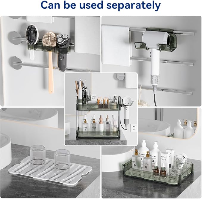 Bathroom Counter Organizer, 2 Tier Makeup Skincare Storage Tray with Hair Dryer Holder and Toothbrush Rack, Perfume Organizer Vanity Shelf for Countertop, Dresser (Transparency Green)