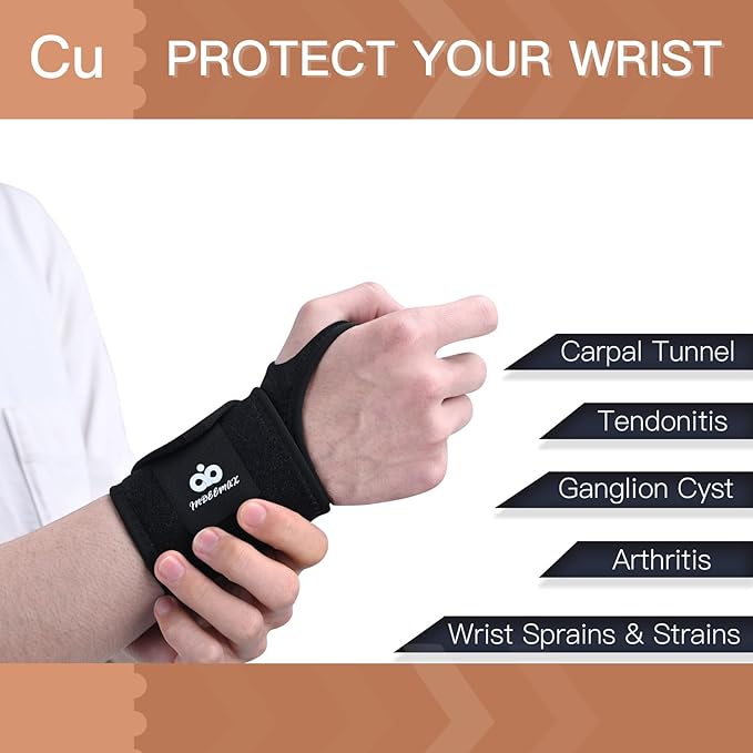 INDEEMAX 2 Pack Copper Wrist Brace Support for Carpal Tunnel, Pain Relief, Arthritis, Tendonitis, Adjustable Wrist Braces Compression Wraps Both Hands, Fit for Men and Women, Black