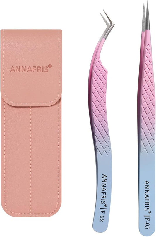 Eyelash Extension Tweezers,Fiber Tip Grip Boot Volume Lash Tweezers,Professional Pointed Lash Extension Tweezers for Easy Lash Application and Removal(2Pcs-F02/05)