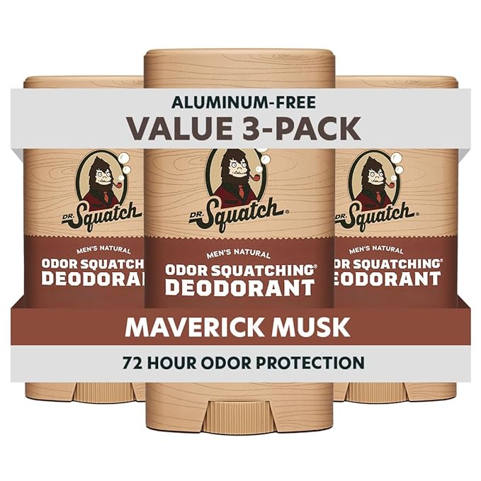 Dr. Squatch Natural Men’s Deodorant – Aluminum Free Natural Deodorant Men with Charcoal & Postbiotics for 72-Hour Odor Protection – Maverick Musk, 2.65oz Stick (3-Pack)