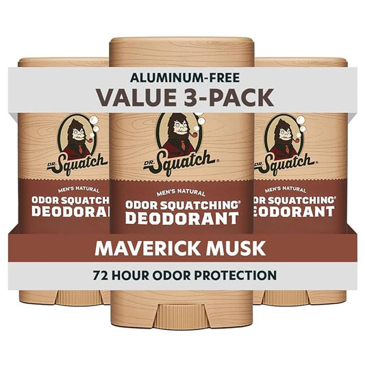 Dr. Squatch Natural Men’s Deodorant – Aluminum Free Natural Deodorant Men with Charcoal & Postbiotics for 72-Hour Odor Protection – Maverick Musk, 2.65oz Stick (3-Pack)