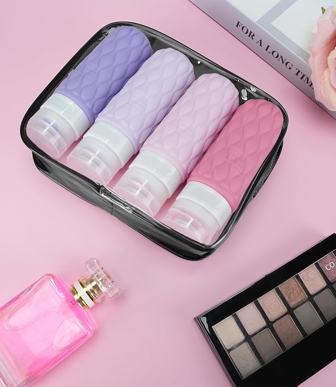 100 ml Silicone Travel Bottles for Toiletries with Labels/Clear Bag, Holiday Travel Essentials Leakproof Refillable Squeeze Travel Size Containers Set for Shampoo and Conditioner