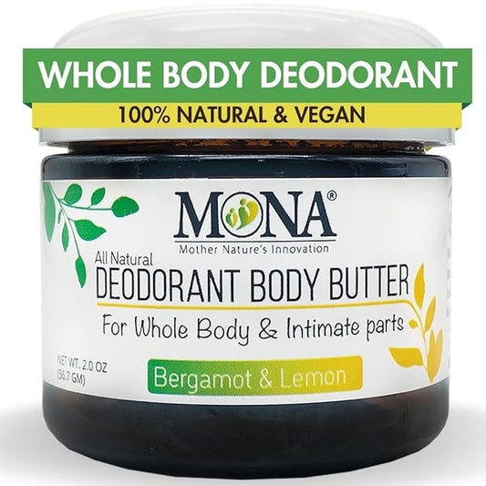 MONA All Natural Whole Body Deodorant Cream for Women & Men | For Private Parts | Aluminum & Baking Soda Free with Natural Fragrance | Bergamot & Lemon 2.0 oz (Pack of 1)