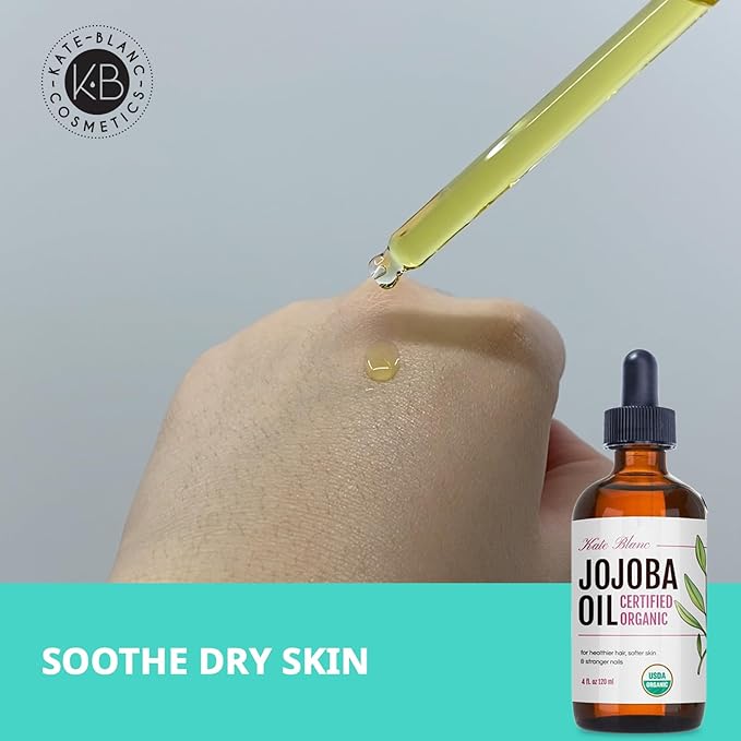 Kate Blanc Cosmetics Jojoba Oil Organic for Hair, Skin & Face (4oz, 100% Pure, Cold Pressed, Natural, Hexane Free, Glass Bottle)