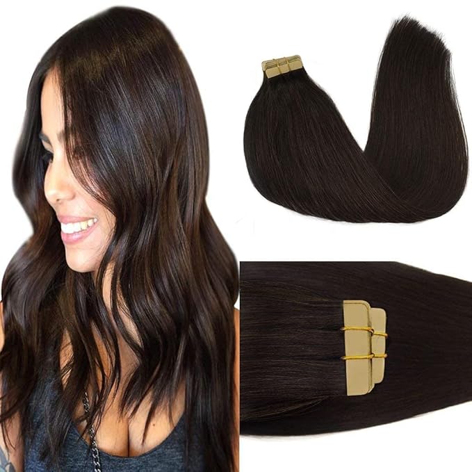 GOO GOO Tape in Hair Extensions Human Hair, 2 Dark Brown, 18inch 50g 20pcs, Skin Weft Seamless Invisible, Silky Straight with Thick Ends, Remy Human Hair