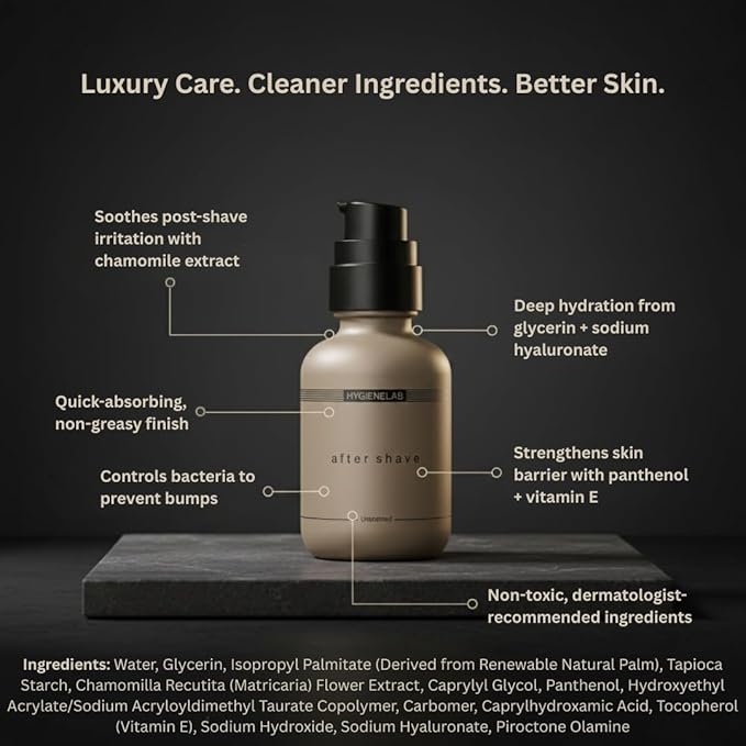 HygieneLab After Shave, Yuka Rated 100/100 – Unscented, Non-Toxic Aloe Vera & Vitamin E Formula for Sensitive Skin, Helps Soothe Razor Burn, Lightweight Moisturizer (3.38 oz)