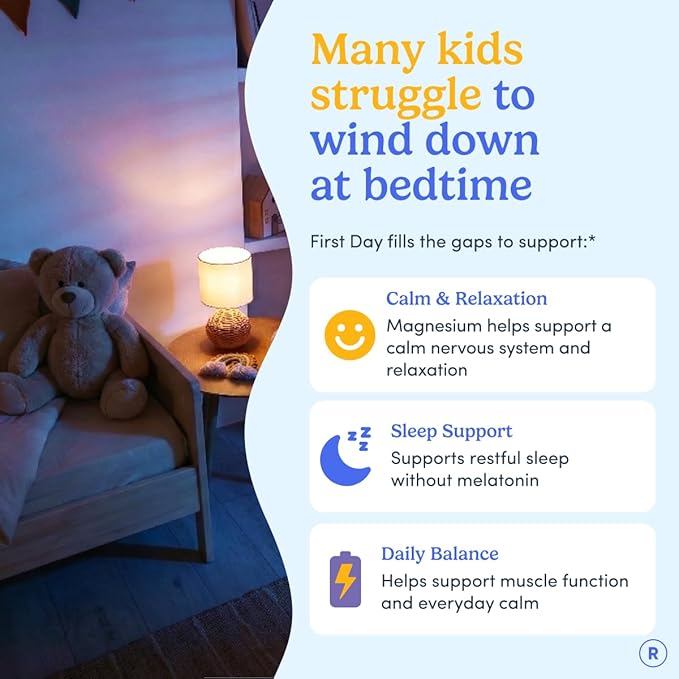 FIRST DAY Kids Magnesium Citrate Gummies (Ages 4+) with No Melatonin | Calm Kids Magnesium Gummies | Bedtime Supplement for Better Sleep with Suntheanine® L-Theanine | Strawberry | 30-Days Supply