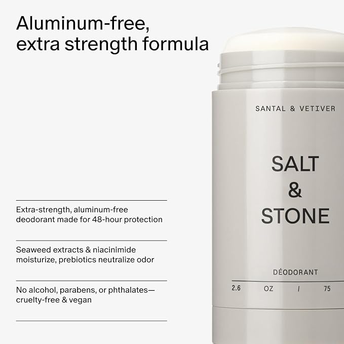 SALT & STONE Aluminum Free Deodorant | Extra Strength 48 Hour Protection for Women & Men | Made with Seaweed Extracts, Niacinamide & Prebiotics (Santal & Vetiver)