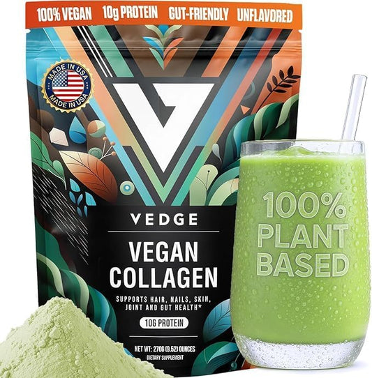 vedge Vegan Collagen Powder - Plant-Based Collagen Supplement for Hair, Skin, Nails, Joint & Gut Health. Collagen Peptides