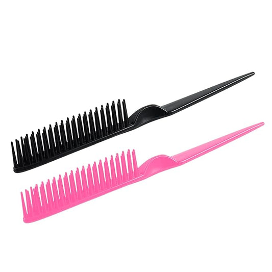 SIMPOR 3 Row Hair Comb for Natural Detangling, Hair Styling Brush, Nylon Bristle Unbraider Teasing Rat Tail Comb for Women Men Black and Pink