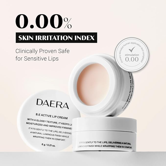 Daera B.E Active Lip Cream 6g, Hydrating, Moisturizing and Plumping Korean Overnight Sleeping Mask for Dry Lips, Glossy Finish, Natural Ingredients, Non-Irritating, Gentle for Sensitive Skin