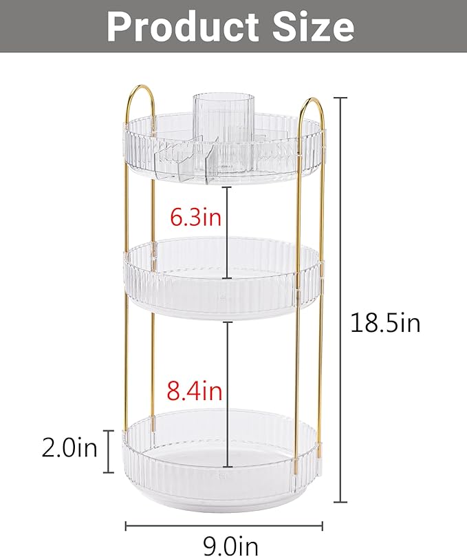 360 Rotating Makeup Organizer,3 Tier Large Capacity Make Up Organizers and Storage,Skincare Perfume Vanity Organizers,Bathroom Cosmetics Storage Organizer Countertop(Clear)