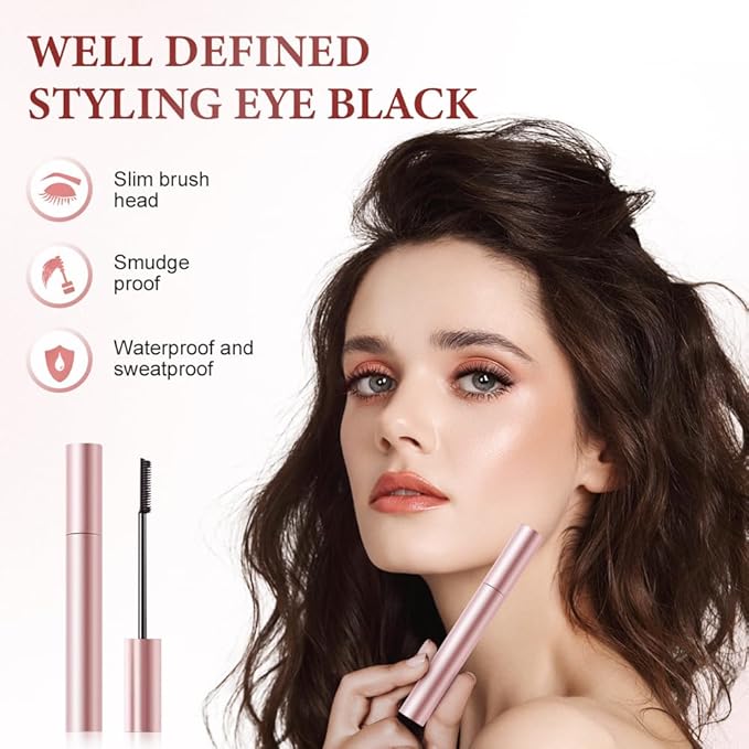 Waterproof and Non-Smudging Mascara, Lengthening and Curling Long-lasting Mascara for Fine Short Lash Women, Slim Brush Length Volumizing Curling Eyelash Lashes Mascaras for Lash Makeup (Black+Brown)
