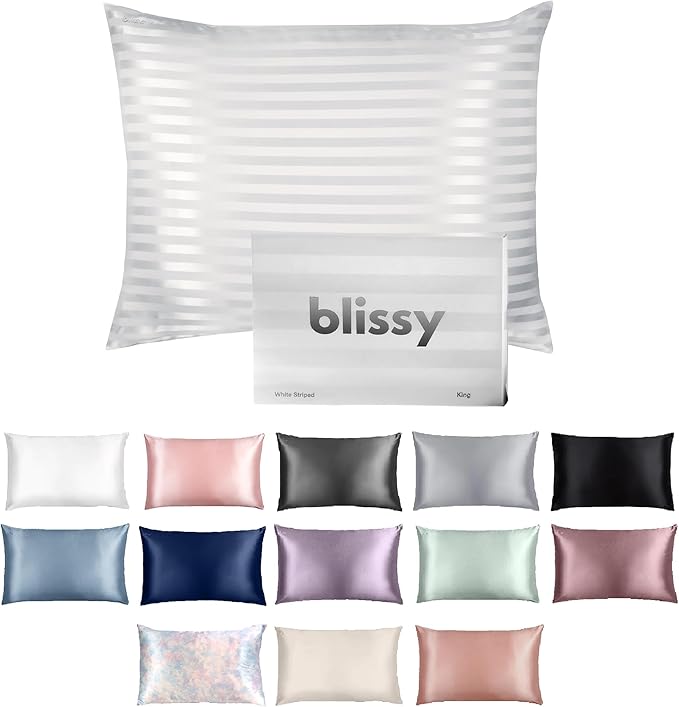 Blissy Silk Pillowcase - 100% Pure Mulberry Silk - 22 Momme 6A High-Grade Fibers - Silk Pillow Cover for Hair & Skin - Regular, Queen & King (White Striped, King)