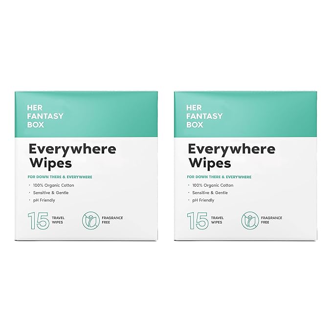 Her Fantasy Box | Everywhere Wipes – 100% Organic Cotton, Gentle & Refreshing, pH-Balanced, Fragrance-Free, Plant-Powered for Body, Face & Intimate Areas, Ideal for Sensitive Skin - 2 Pack, 30 Wipes