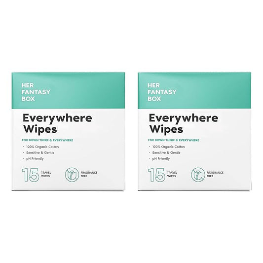 Her Fantasy Box | Everywhere Wipes – 100% Organic Cotton, Gentle & Refreshing, pH-Balanced, Fragrance-Free, Plant-Powered for Body, Face & Intimate Areas, Ideal for Sensitive Skin - 2 Pack, 30 Wipes